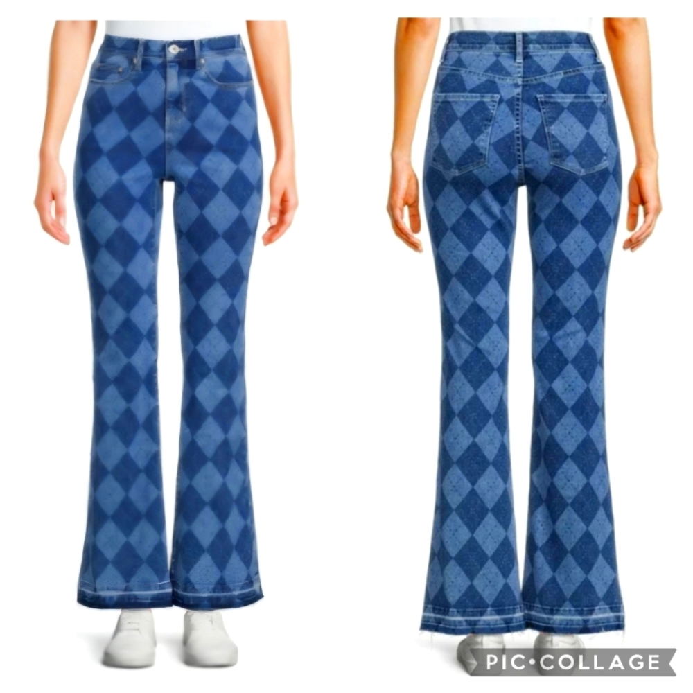 NOBO Blue Argyle Print High Waist Flare Jeans Size 9 (30" waist &  10.5" rise)